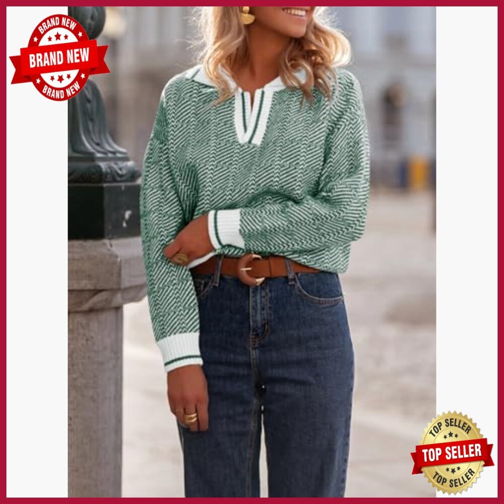 Long Sleeve V-Neck Pullover Sweater, Chunky Knit, Lapel Collar, Color Block - Picture 2 of 7